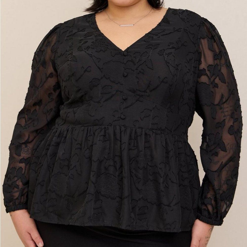 New Peplum Chiffon Clip Floral Blouson Sleeve Top - Picture 2 of 15